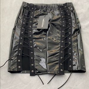 Black vinyl double lace up mini skirt